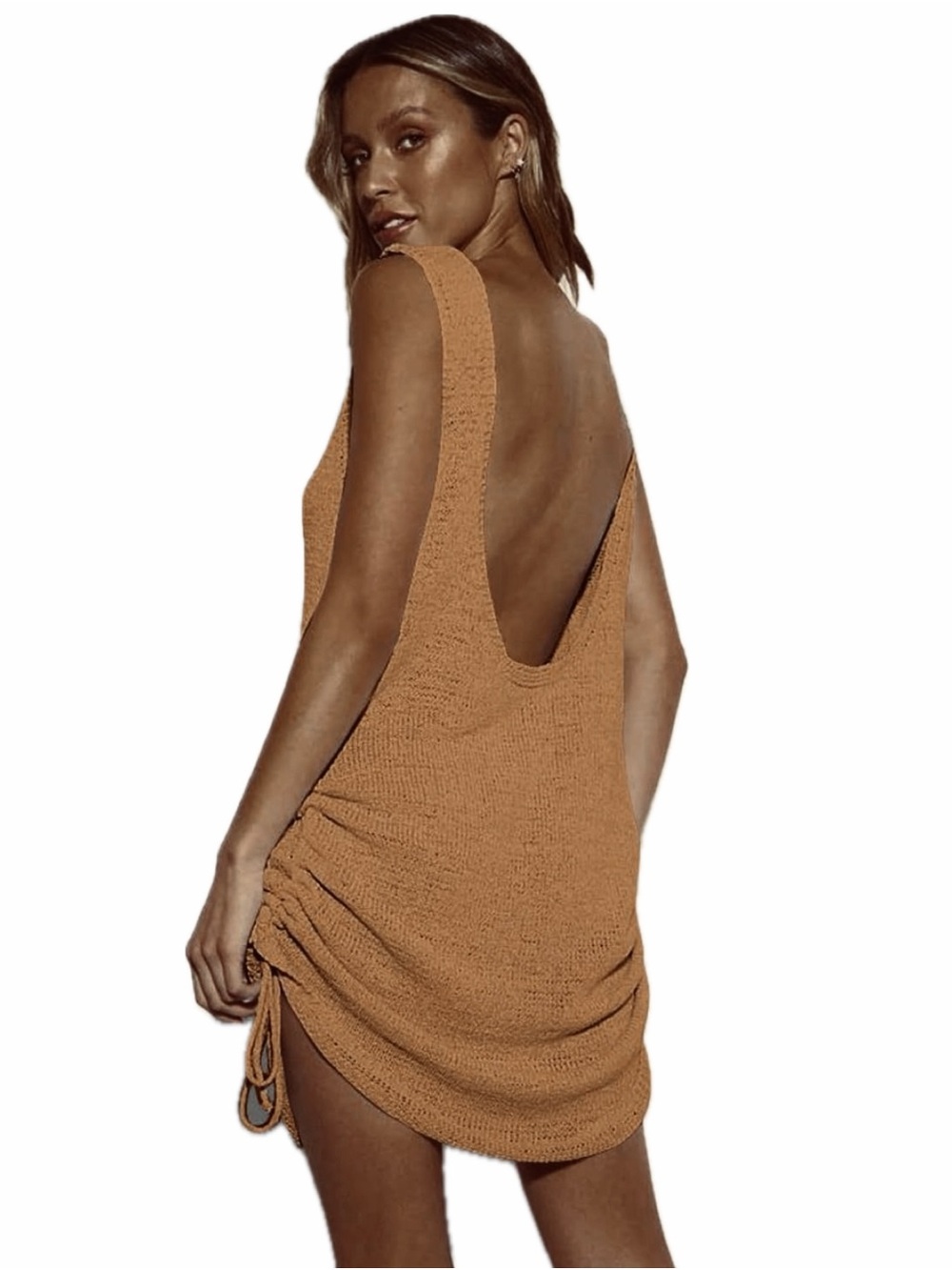SHEIN Tan Knit Scoop Neck Swim Coverup